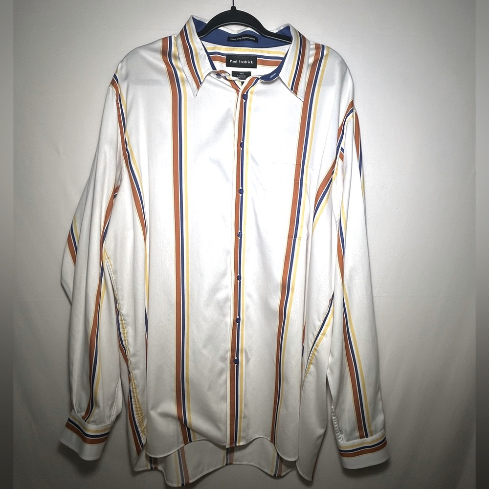 Paul Fredrick XXLT White w/ Yellow & Blue Stripes Casual Button Down Shirt